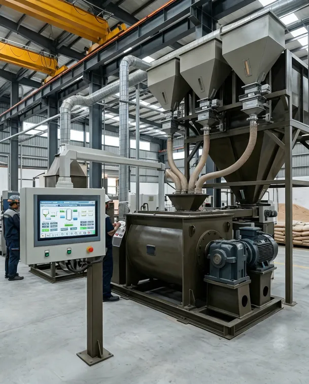 Mid-volume clay sand making line configuration with gravimetric dosing system, 1200-liter intensive paddle mixer, and PLC touchscreen control panel