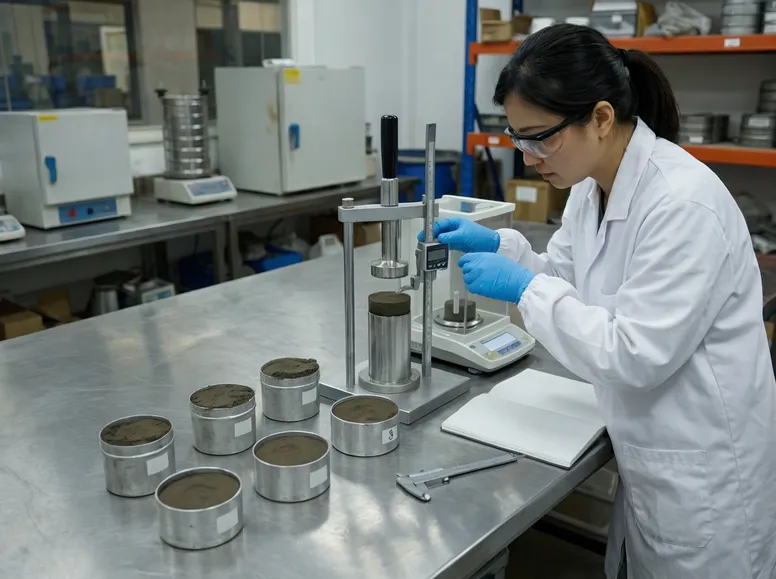 Clay sand mixing uniformity density testing — six-sample batch protocol showing compaction cylinder and measurement setup