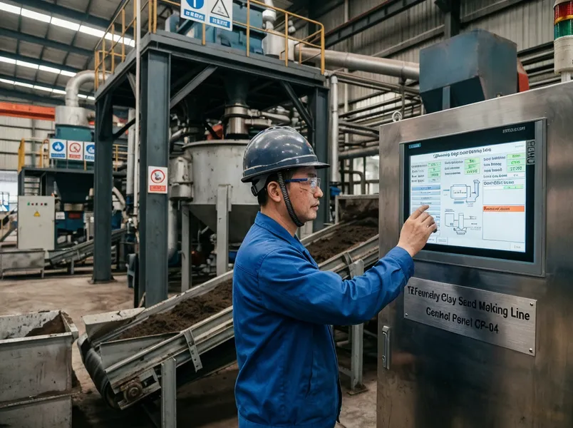 Operator using PLC touchscreen interface on TZFoundry clay sand making line