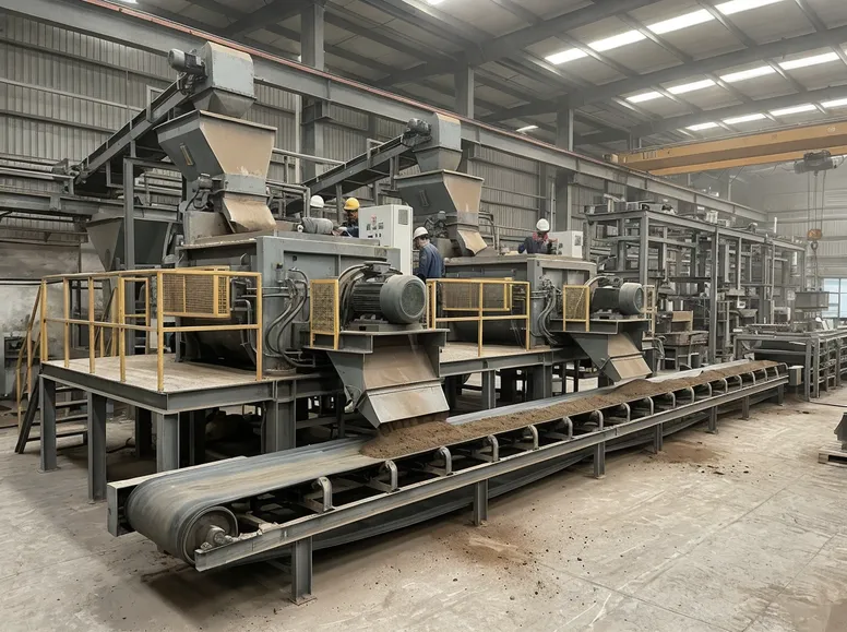 Parallel clay sand mixing line configuration with dual discharge to common conveyor for high-volume foundry capacity expansion