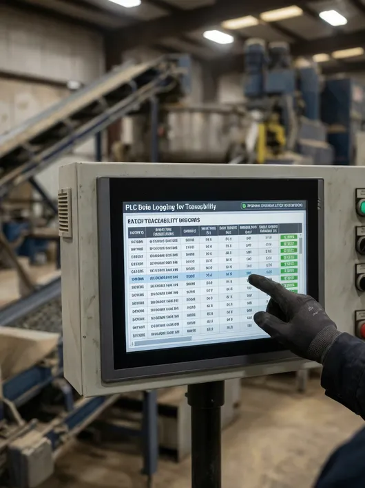 PLC data logging interface showing batch traceability records with timestamped process parameters on a clay sand making line