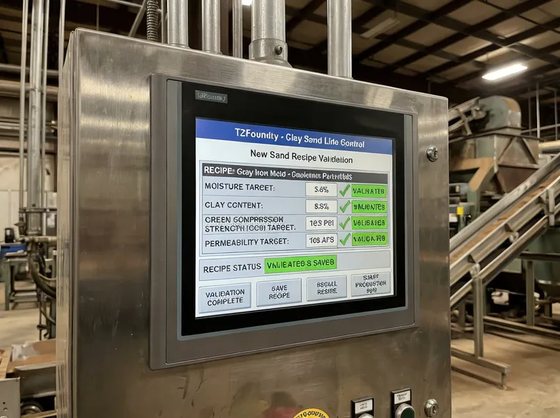 PLC touchscreen displaying saved clay sand recipe parameters with validation status indicators