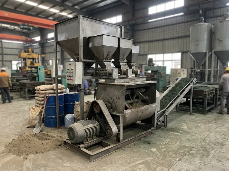 Small-batch clay sand making line configuration with 500-liter paddle mixer and volumetric dosing station, 3-5 tons per hour capacity