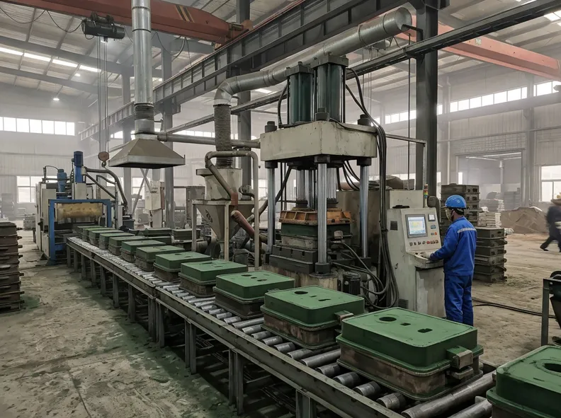 TZFoundry clay sand molding line — hydraulic compaction system with PLC automation, producing precision molds at 50–200+ molds per hour
