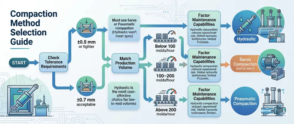 Decision flow for selecting between hydraulic, servo, and pneumatic compaction methods based on tolerance, volume, and maintenance requirements