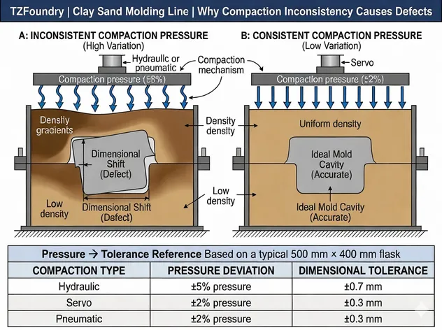 Cross-section diagram showing how compaction pressure variation creates density differences in a sand mold, leading to dimensional shifts in the mold cavity