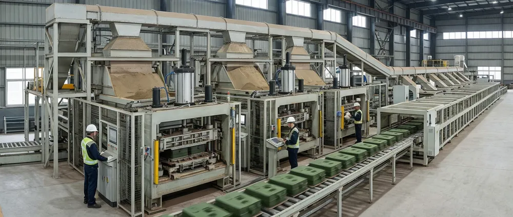 TZFoundry high-volume clay sand molding line — three-station parallel configuration producing 200+ molds per hour with enclosed conveyor system