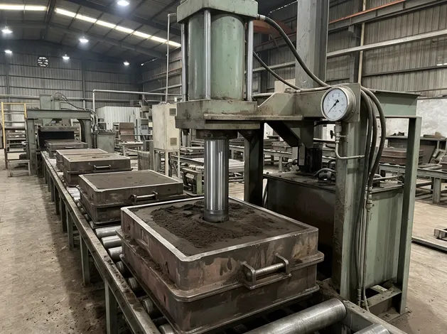 Hydraulic compaction system on a clay sand molding line showing the hydraulic cylinder, compaction ram, and pressure gauge