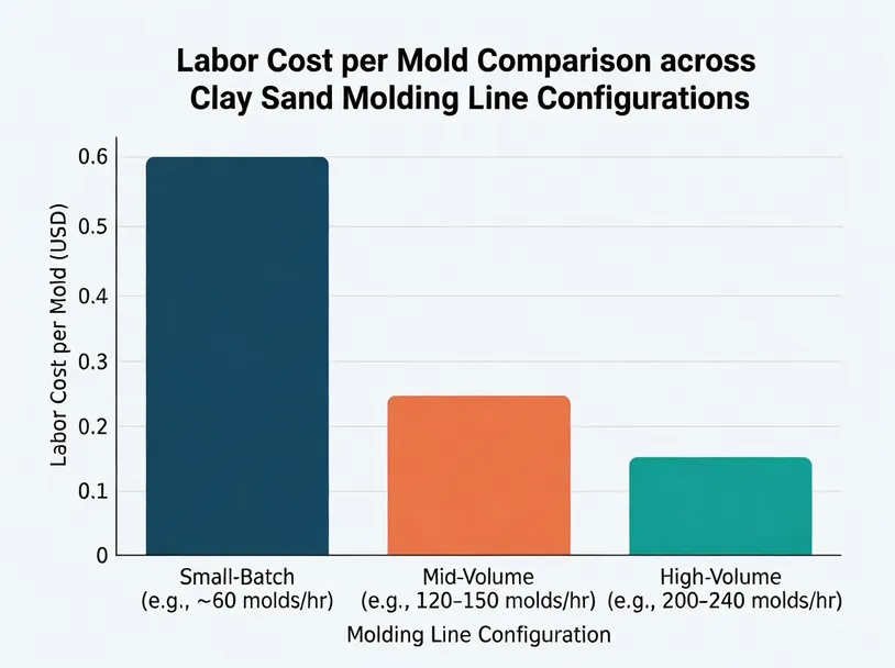 Labor cost per mold comparison chart across small-batch, mid-volume, and high-volume clay sand molding line configurations