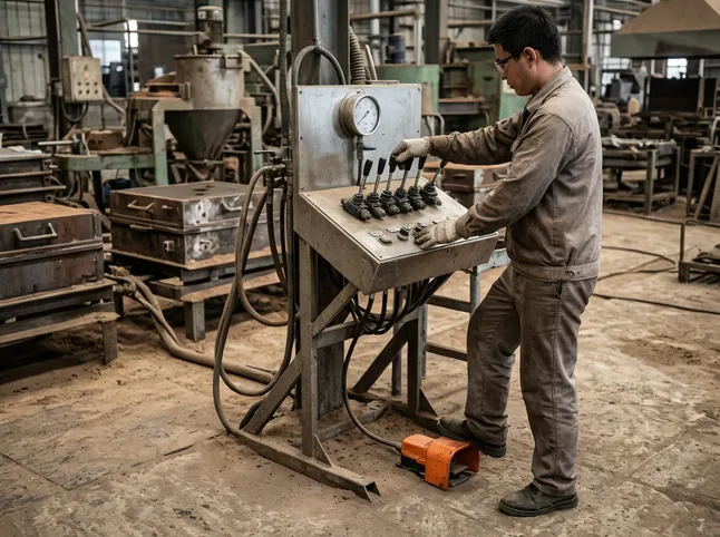 Manual control station on a clay sand molding line showing hydraulic valve, pressure gauge, and operator foot pedal