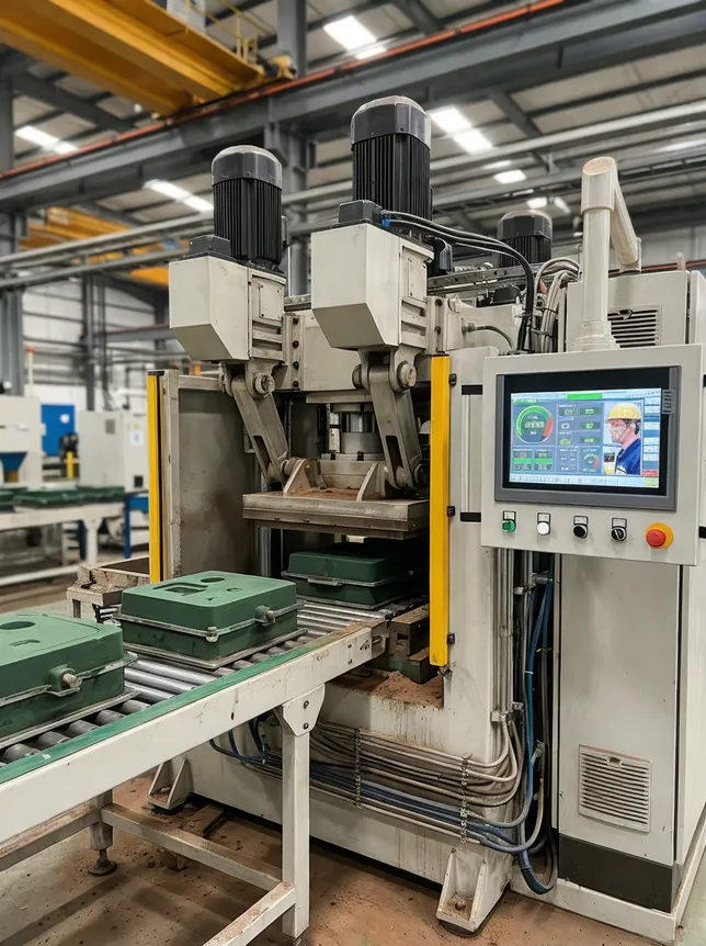 Mid-volume clay sand molding station with servo-driven compaction and PLC control panel, producing 100-200 molds per hour