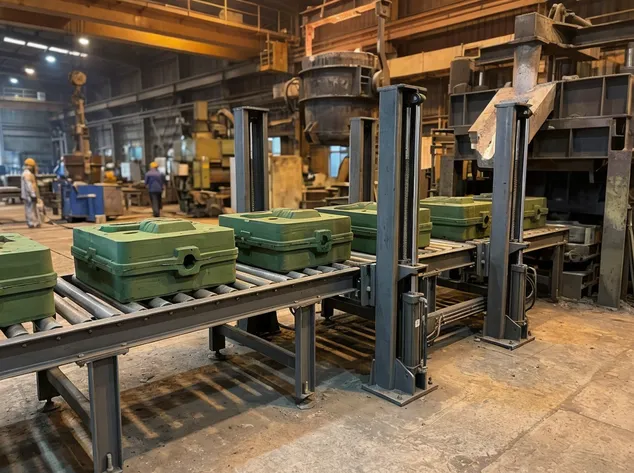 Mold output conveyor interfacing with pouring station — height-adjustable design, 600mm standard width