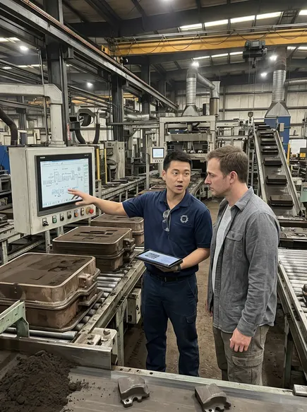 TZFoundry engineer reviewing molding line configuration with foundry client