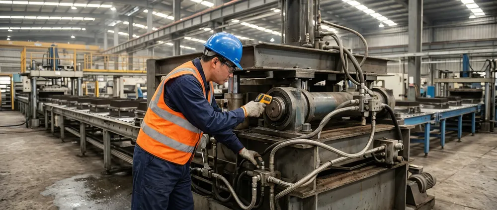 Maintenance technician performing scheduled inspection on a clay sand molding line compaction unit