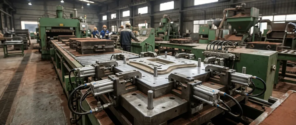 Pneumatic quick-change pattern mounting system on a TZFoundry clay sand molding line, showing alignment pins and clamping mechanism