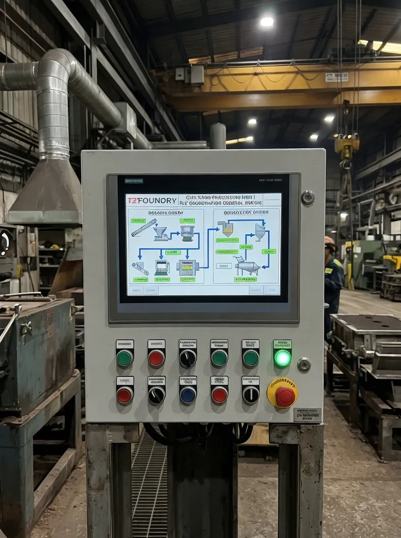 PLC control integration panel showing coordinated communication between molding and reclamation systems on a TZFoundry clay sand processing line