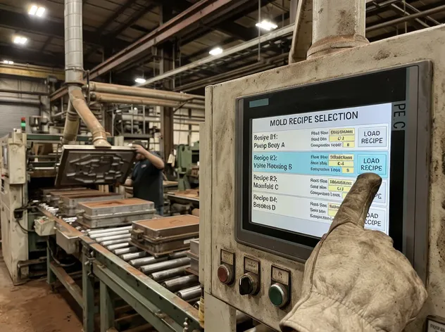 PLC touchscreen displaying mold recipe selection interface during pattern changeover on a clay sand molding line