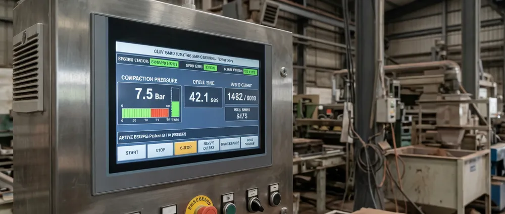 PLC touchscreen HMI interface showing real-time compaction pressure, cycle time, and mold count data on a clay sand molding line control panel