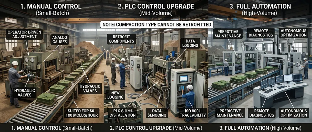 Visual overview of the manual-to-PLC automation upgrade path for clay sand molding lines, showing the retrofit components and installation process