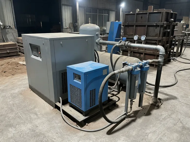 Pneumatic compaction compressed air supply system with screw compressor, air dryer, and filtration for a clay sand molding line