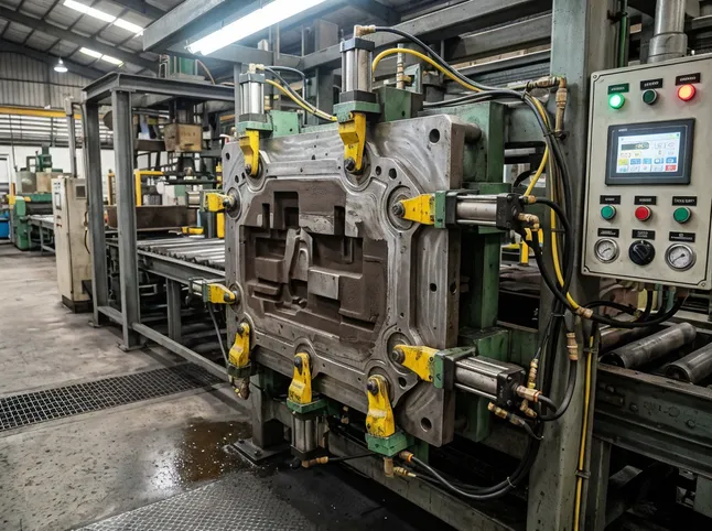 Pneumatic quick-change pattern plate system on clay sand molding line showing clamp engagement points and control panel
