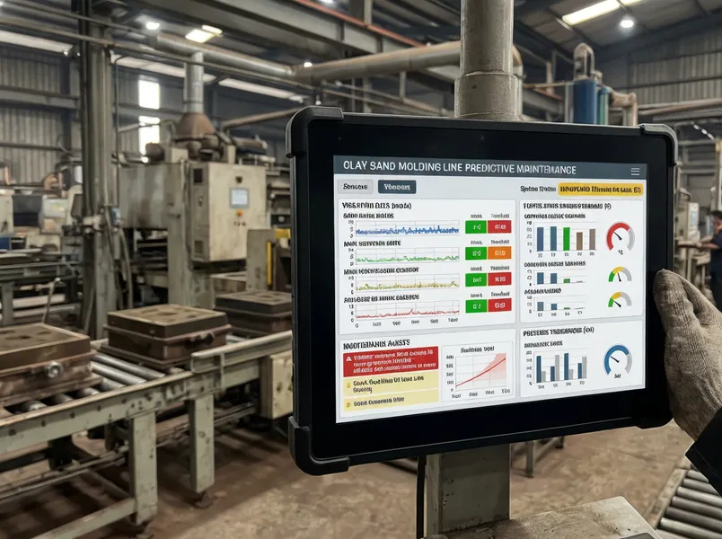 PLC predictive maintenance dashboard showing vibration, temperature, and pressure sensor data for clay sand molding line rotating equipment