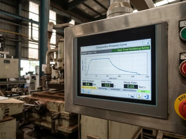 PLC display showing real-time compaction pressure curves, peak pressure, hold time, and decay rate for each mold cycle