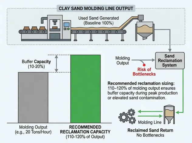 Diagram showing reclamation capacity sizing at 110-120% of clay sand molding line output to prevent bottlenecks
