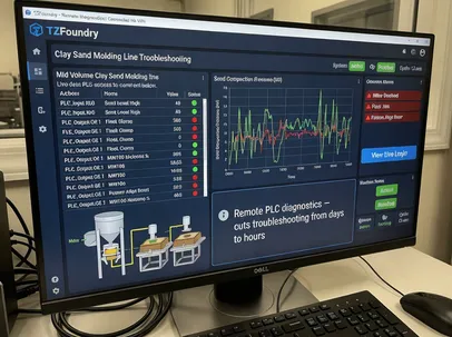 TZFoundry remote diagnostics interface showing real-time PLC data access via VPN for mid-volume clay sand molding line troubleshooting