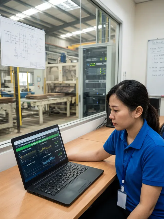 Technician performing remote VPN diagnostics on clay sand molding line PLC system showing real-time pressure and cycle data
