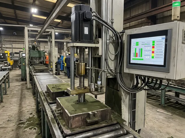 Servo motor and ball screw compaction mechanism on a clay sand molding line, showing PLC controller and pressure sensor feedback loop