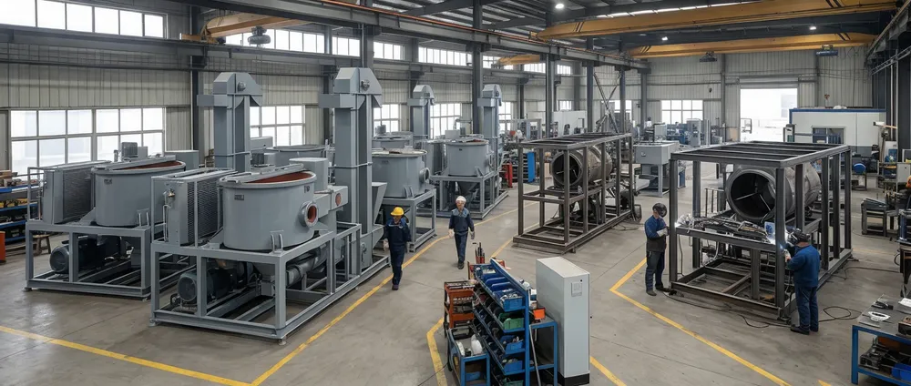 TZFoundry clay sand preparation line systems staged in factory — single and multi-unit production batches showing parallel build capacity