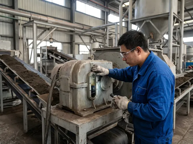 Operator checking mixer gearbox oil level on clay sand preparation line — sight glass inspection during daily maintenance routine