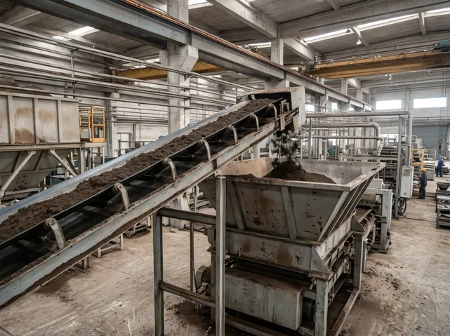 Clay sand preparation line discharge conveyor connecting to molding line feed hopper