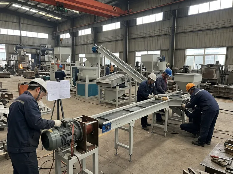 Customized clay sand preparation line being assembled at TZFoundry factory — modified motor and conveyor configurations