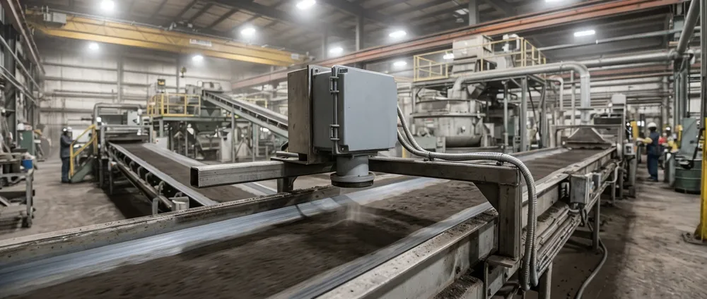 Inline clay analyzer using near-infrared spectroscopy mounted on a clay sand preparation line conveyor, providing real-time clay content feedback to the PLC