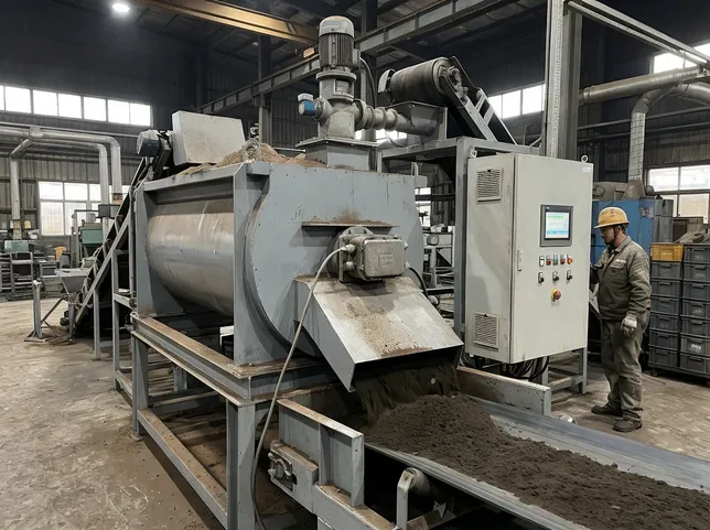 Mid-scale clay sand preparation line with PLC-controlled continuous mixer and moisture sensor at discharge point