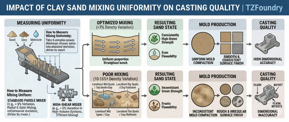 Diagram showing how sand density variation from mixer uniformity affects mold surface finish and dimensional accuracy in castings