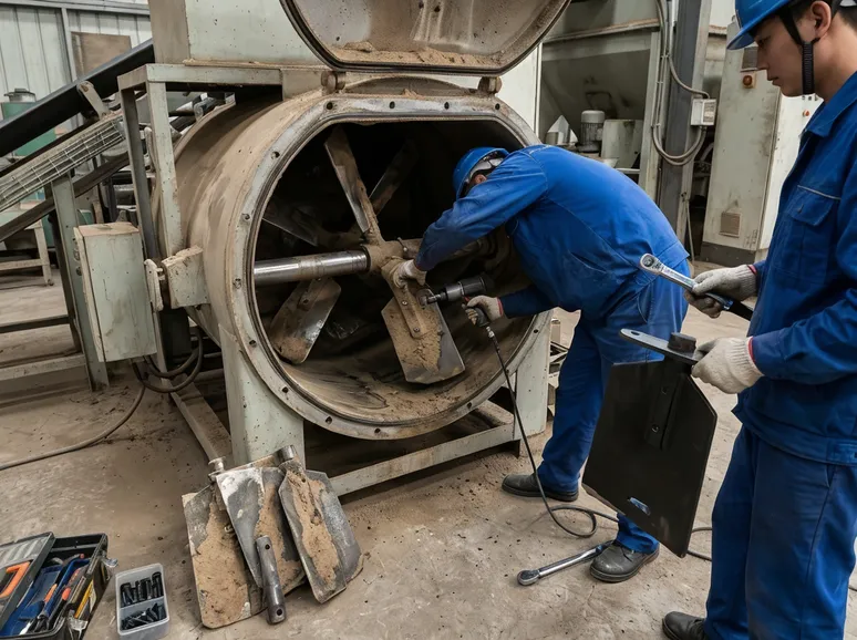 Quarterly maintenance — mixer paddle inspection and replacement on a TZFoundry clay sand preparation line