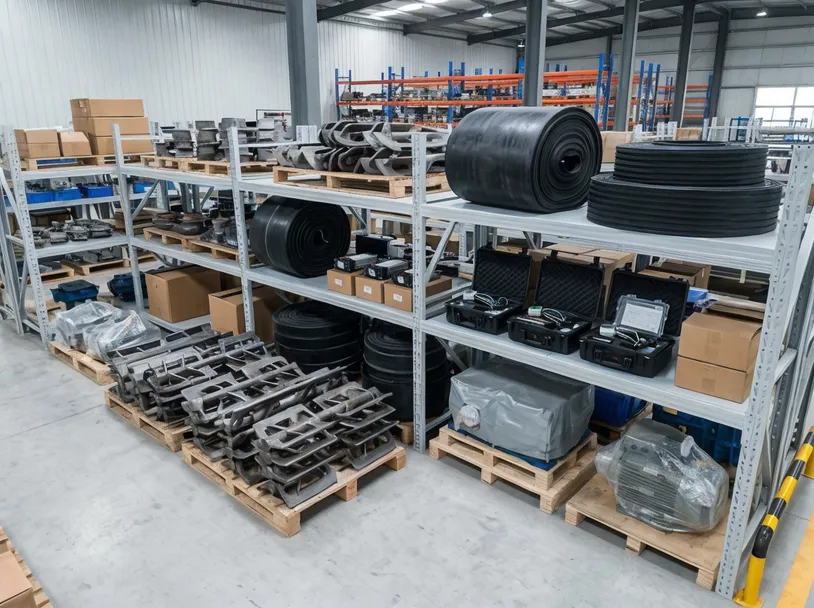 TZFoundry spare parts warehouse showing stocked mixer paddles, conveyor belts, and moisture sensors for clay sand preparation line maintenance