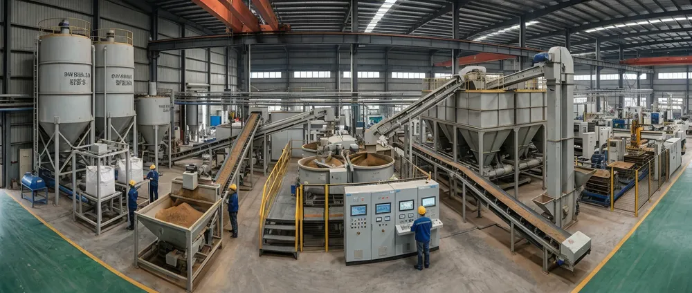 Clay sand preparation line system integration flow — upstream raw material inputs through PLC-controlled mixing to downstream molding line output