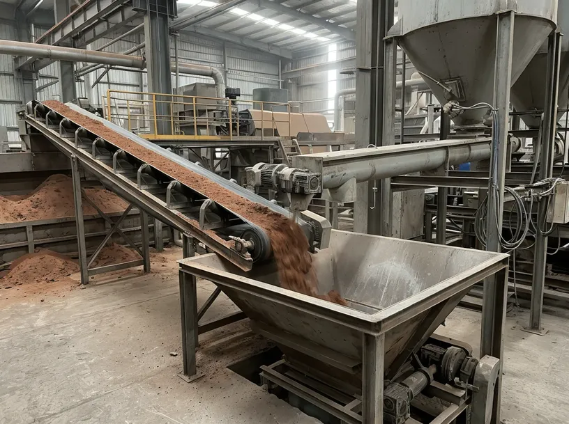 Upstream connections — dual-input sand feed system with belt conveyor and clay additive screw conveyor for clay sand preparation line