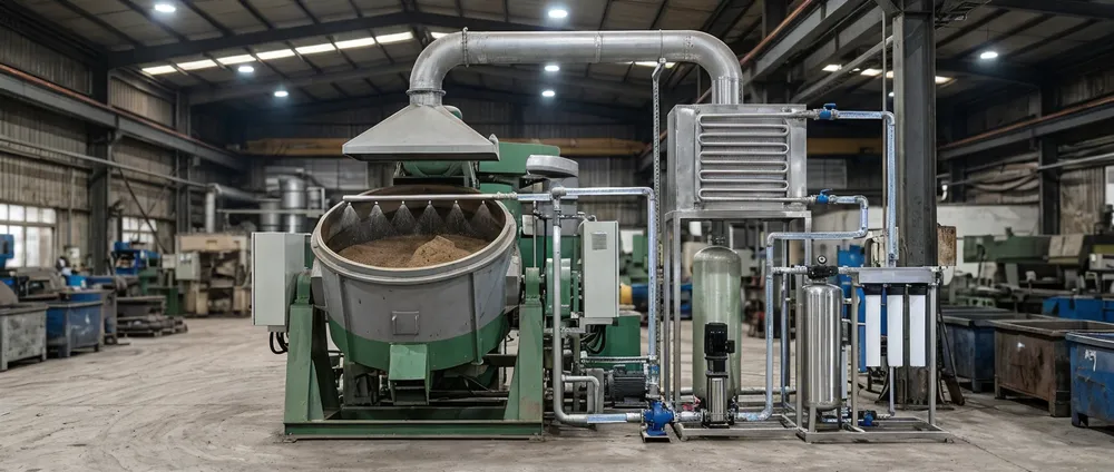 Closed-loop water recycling module integrated with clay sand mixer showing condensation capture and filtration return loop