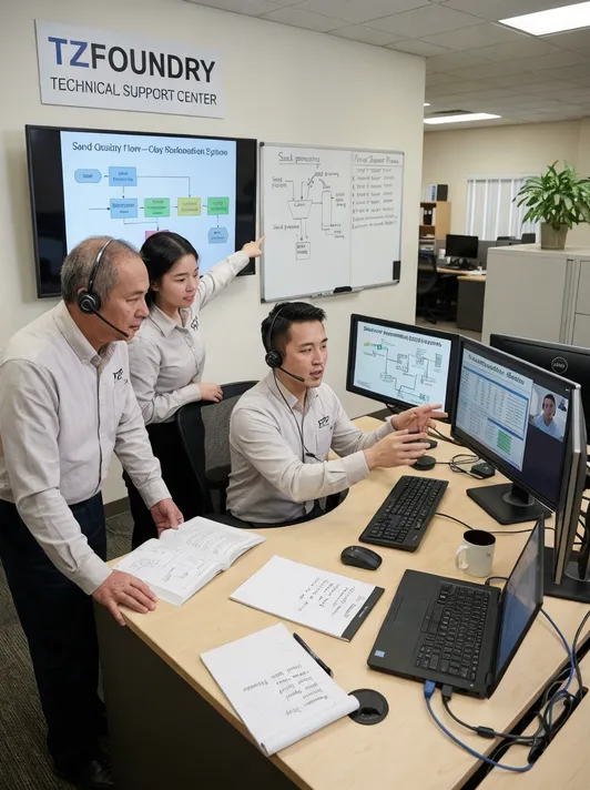 TZFoundry technical support team providing remote troubleshooting assistance for clay sand reclamation equipment