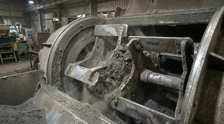Attrition mill interior showing rotating paddles and sand-on-sand collision zone in a clay sand reclamation system