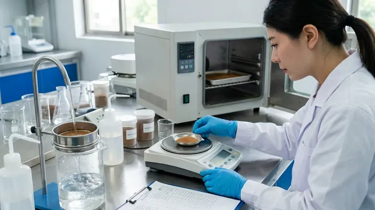 Clay content wash test procedure showing 200-mesh screen wash, oven drying at 105-110°C, and weighing steps for reclaimed sand quality verification