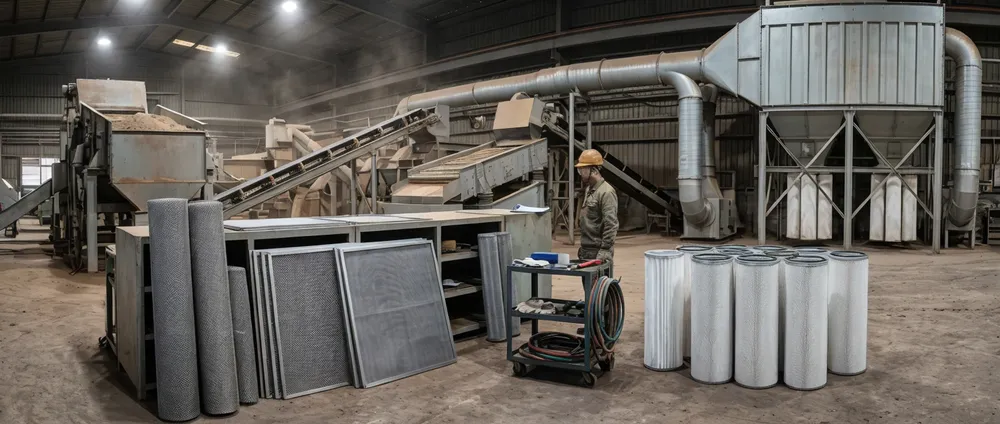 Vibrating screen mesh sets and pulse-jet dust collector filters used in clay sand reclamation line maintenance