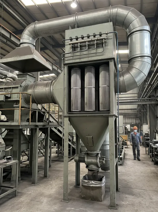 Industrial pulse-jet dust collection system with filter cartridges for clay sand reclamation line