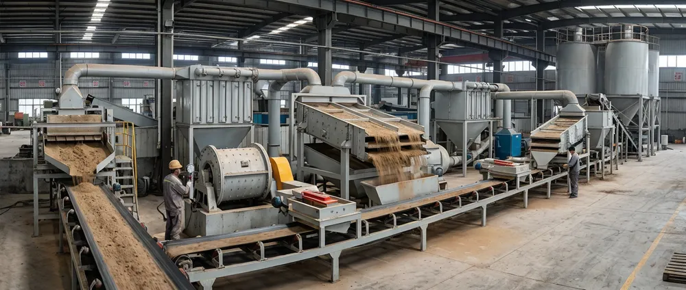 High-volume clay sand reclamation line with closed-loop system layout showing continuous sand flow from shakeout through attrition milling, screening, and remixing