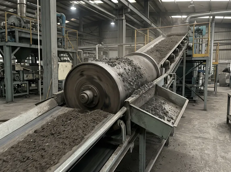 Magnetic drum separator removing ferrous metal particles from reclaimed clay sand stream